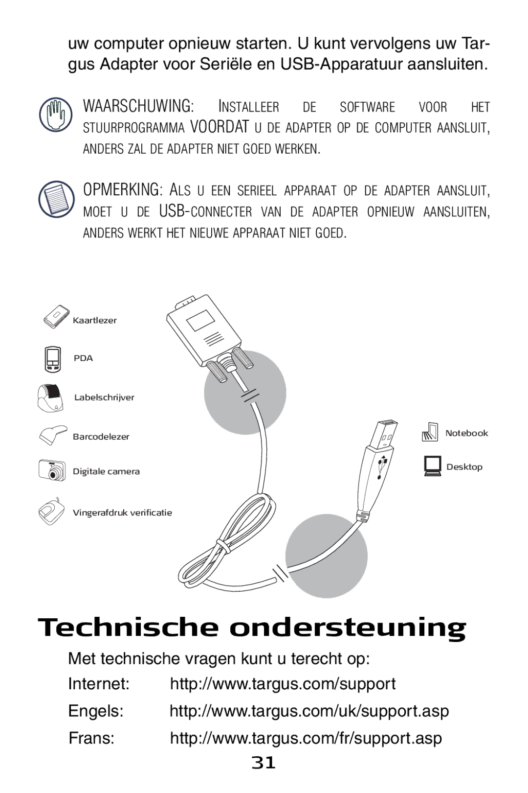 Targus USB to Serial Digital Device Adapter specifications Technische ondersteuning 