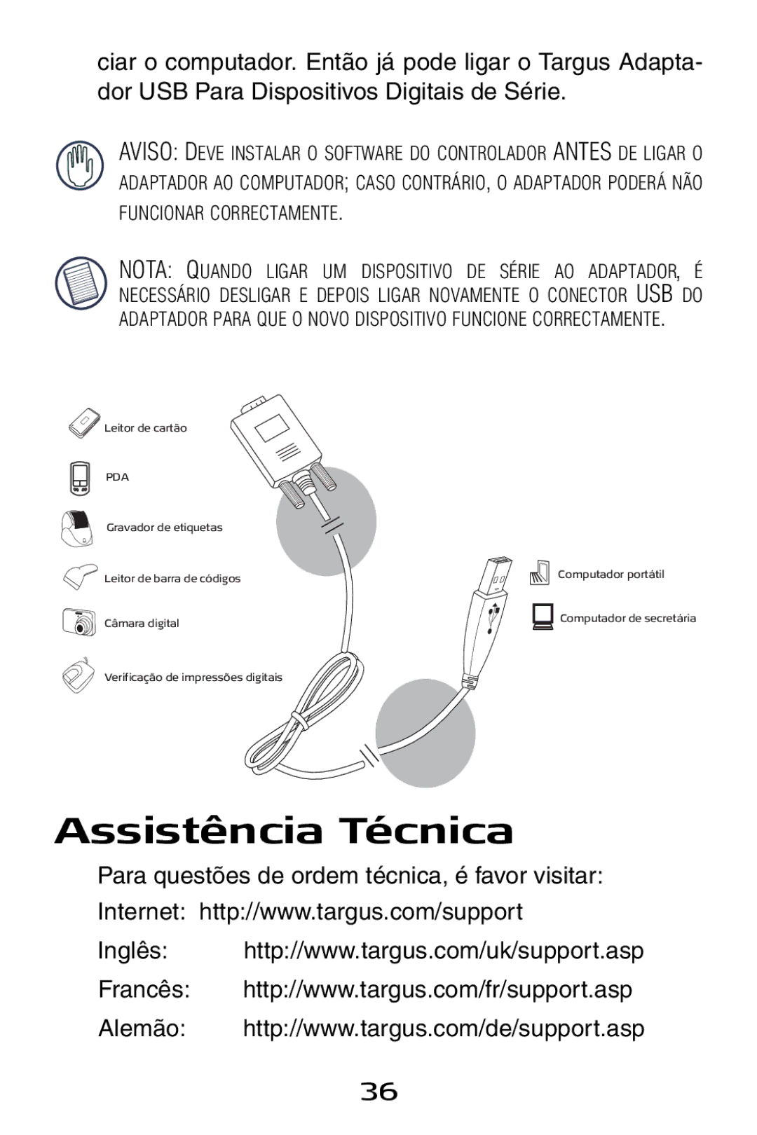 Targus USB to Serial Digital Device Adapter specifications Assistência Técnica 