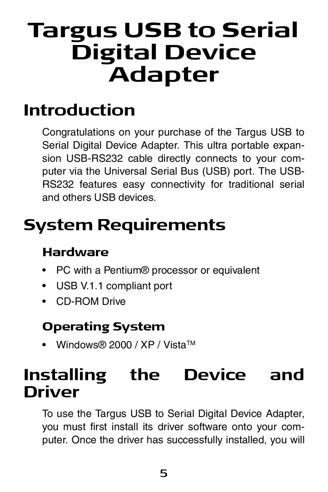 Targus USB to Serial Digital Device Adapter Introduction, System Requirements, Installing the Device and Driver 