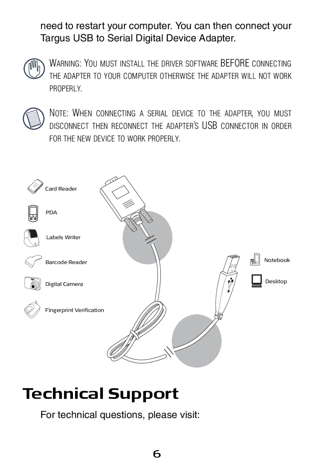 Targus USB to Serial Digital Device Adapter specifications Technical Support 