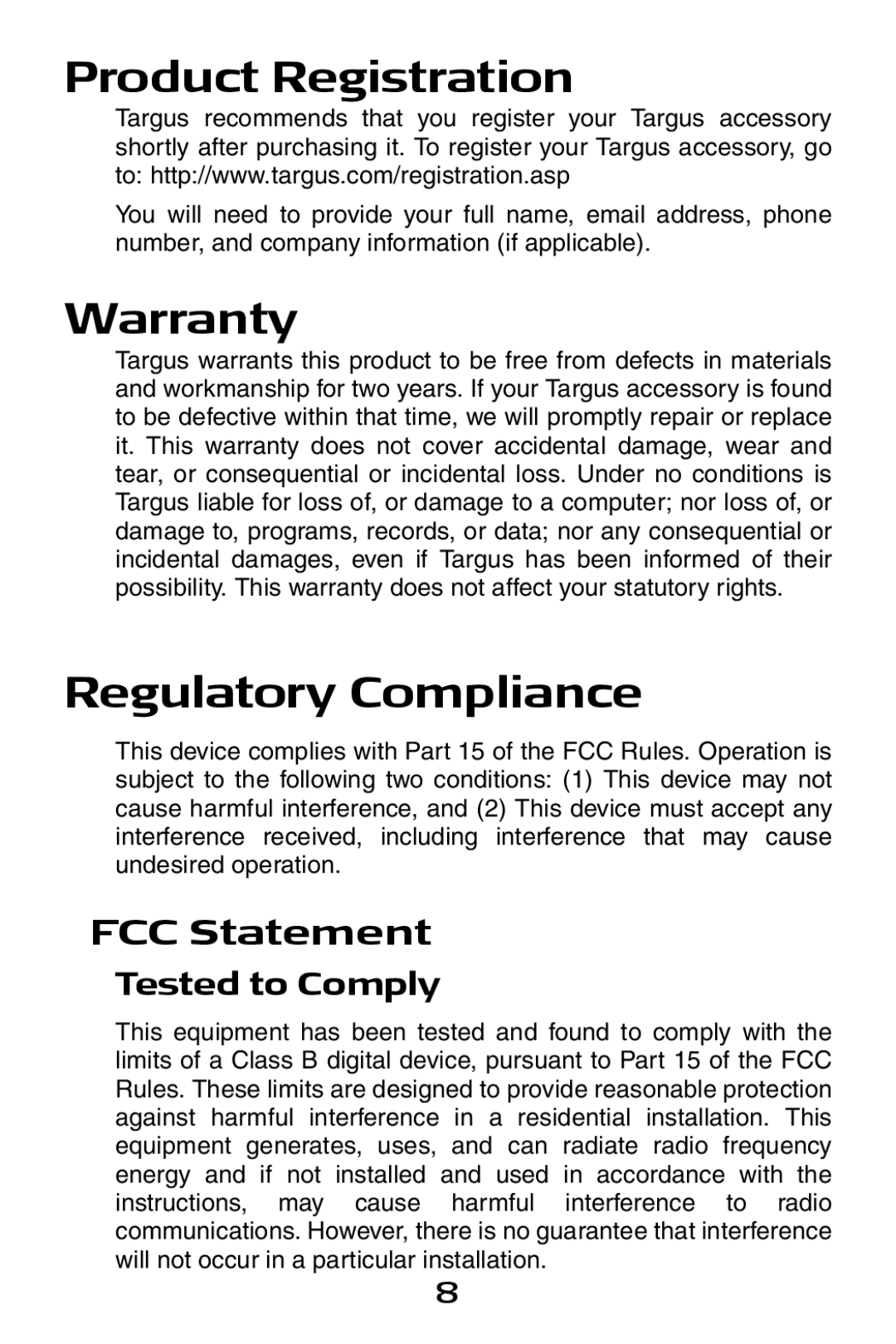 Targus USB to Serial Digital Device Adapter Product Registration, Warranty, Regulatory Compliance, FCC Statement 