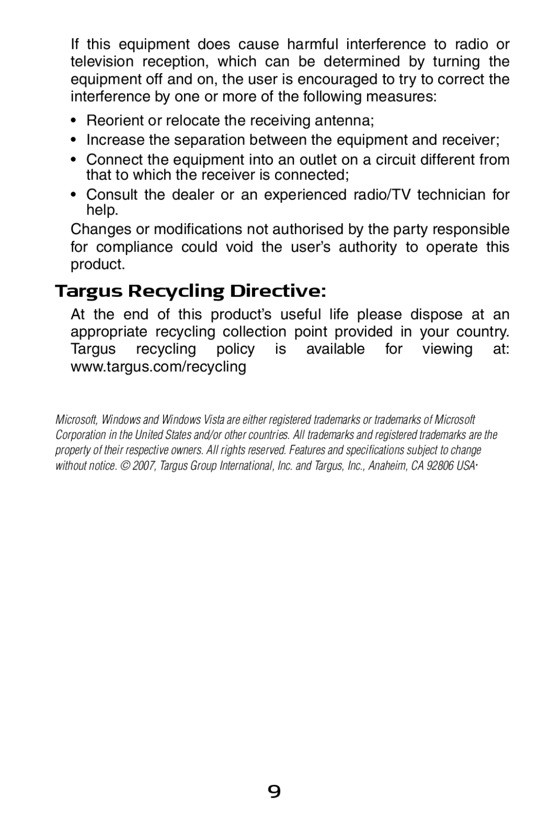 Targus USB to Serial Digital Device Adapter specifications Targus Recycling Directive 