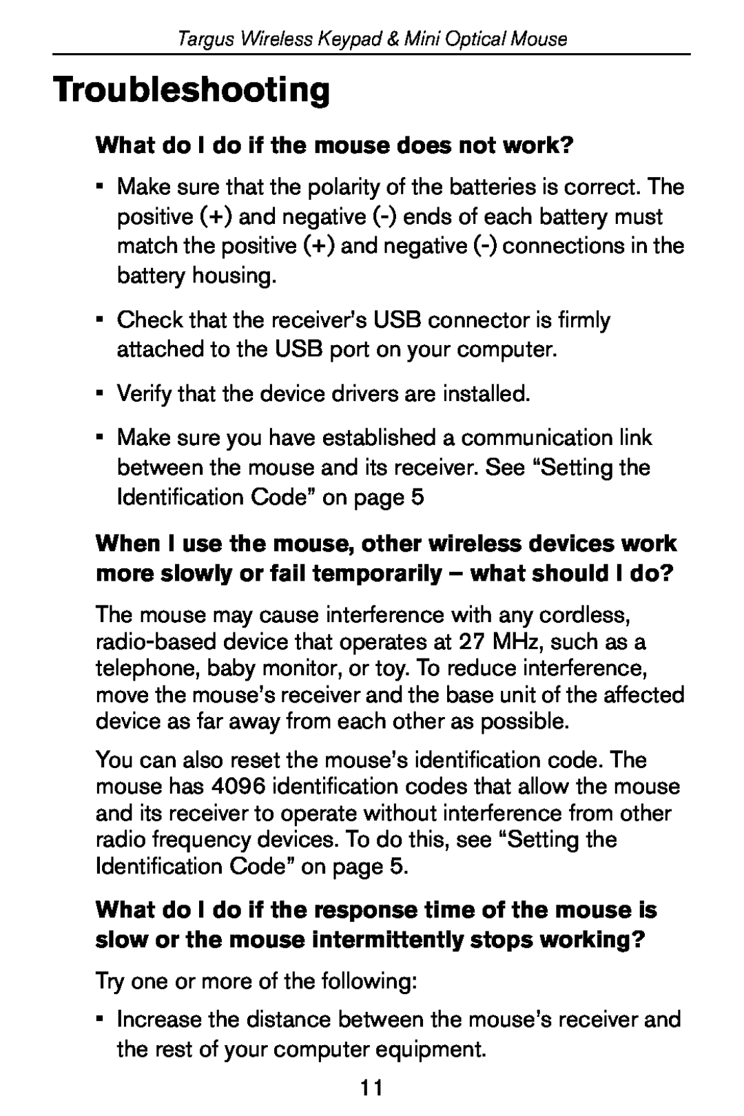Targus Wireless Keypad & Mini Optical Mouse specifications Troubleshooting, What do I do if the mouse does not work? 