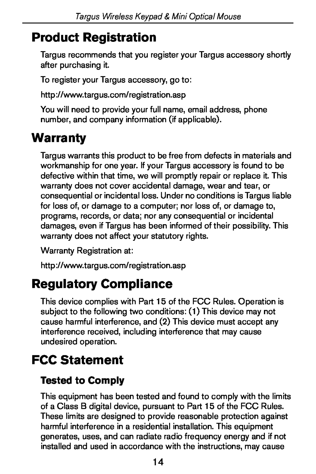 Targus Wireless Keypad & Mini Optical Mouse Product Registration, Warranty, Regulatory Compliance, FCC Statement 