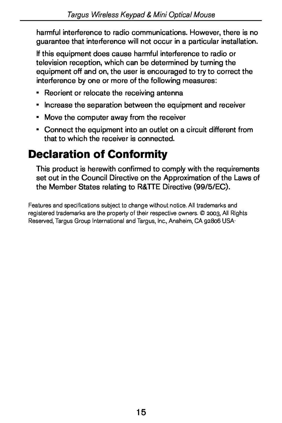 Targus specifications Declaration of Conformity, Targus Wireless Keypad & Mini Optical Mouse 