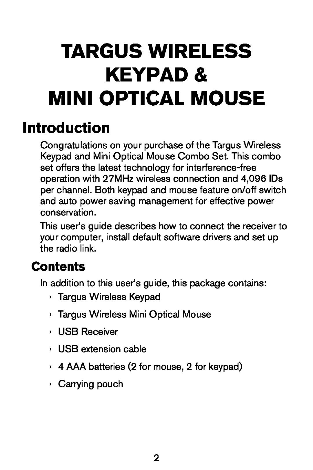 Targus Wireless Keypad & Mini Optical Mouse Introduction, Contents, Targus Wireless Keypad Mini Optical Mouse 