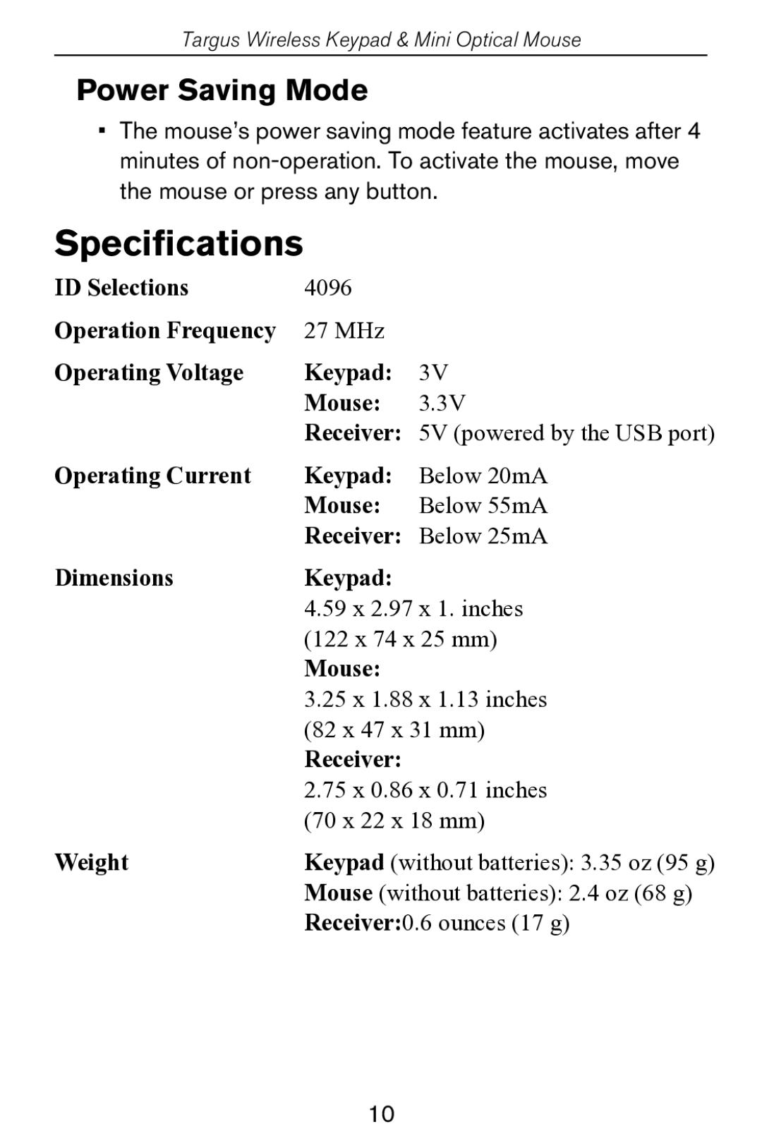 Targus Wireless Keypad & Mini Optical Mouse specifications Specifications, Power Saving Mode 