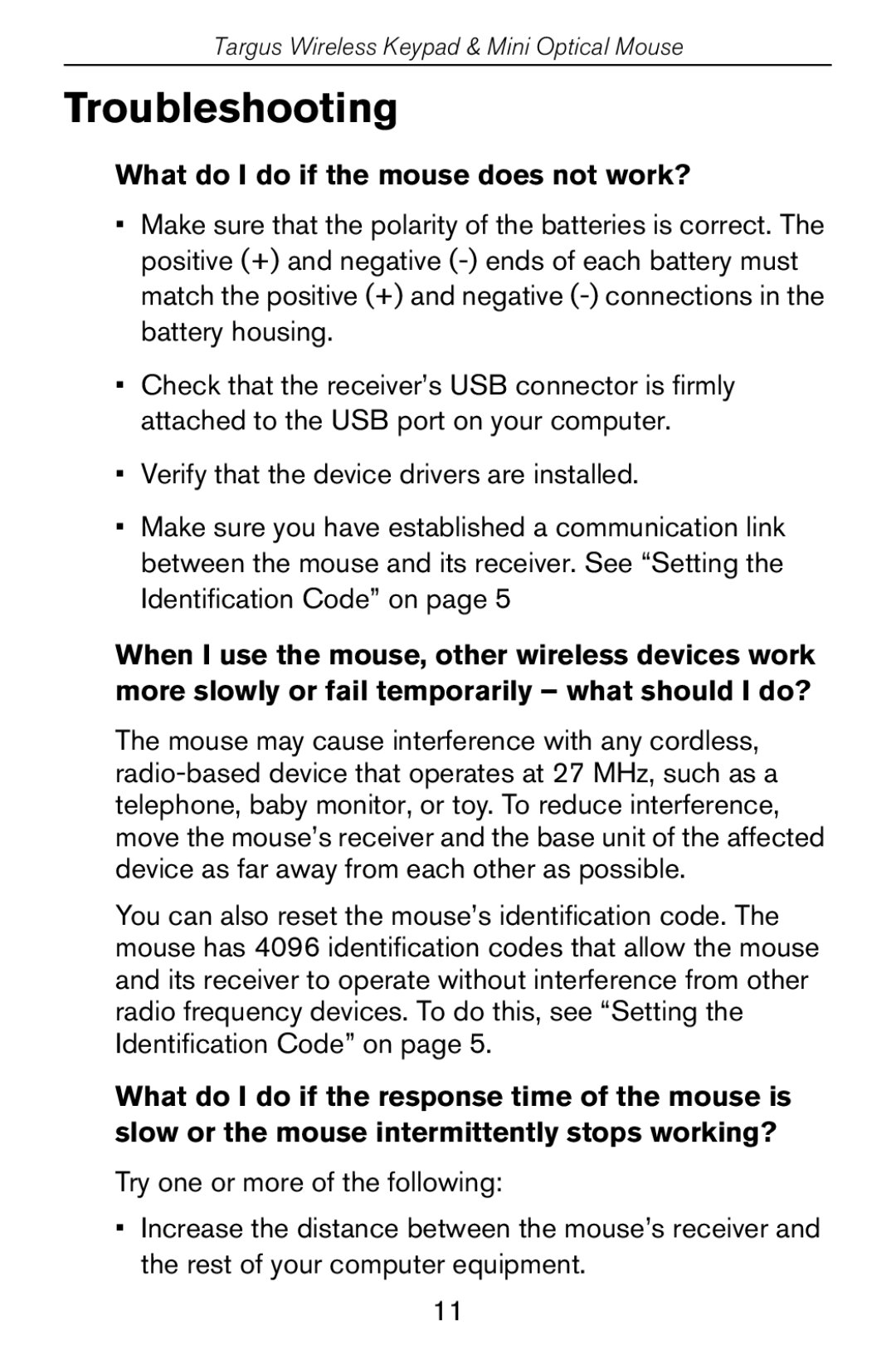 Targus Wireless Keypad & Mini Optical Mouse specifications Troubleshooting, What do I do if the mouse does not work? 