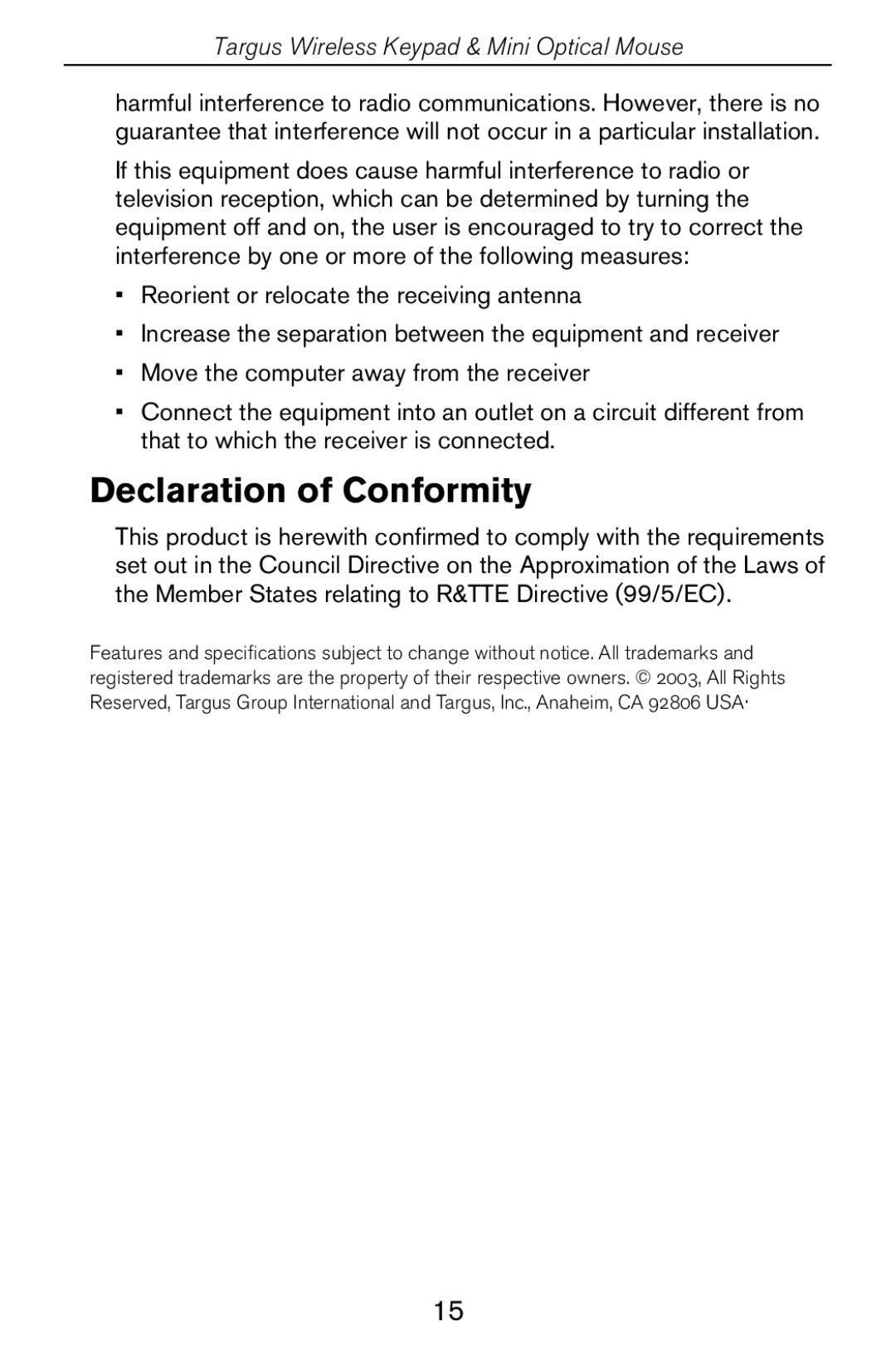 Targus Wireless Keypad & Mini Optical Mouse specifications Declaration of Conformity 