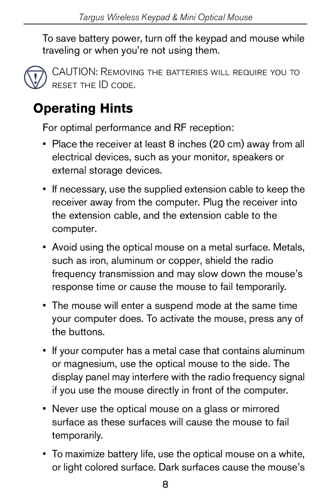 Targus Wireless Keypad & Mini Optical Mouse specifications Operating Hints 