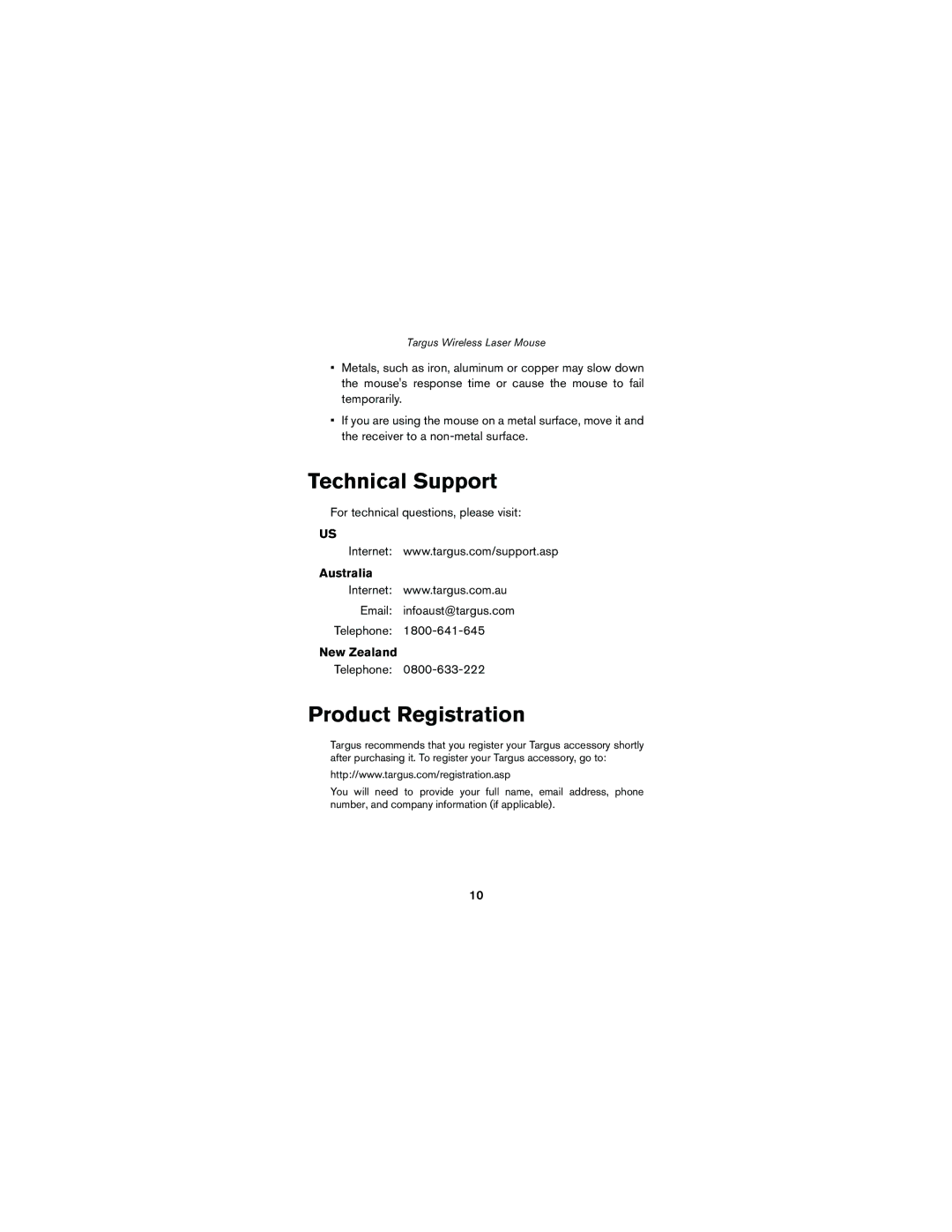 Targus Wireless Laser Mouse specifications Technical Support, Product Registration, Australia, New Zealand 