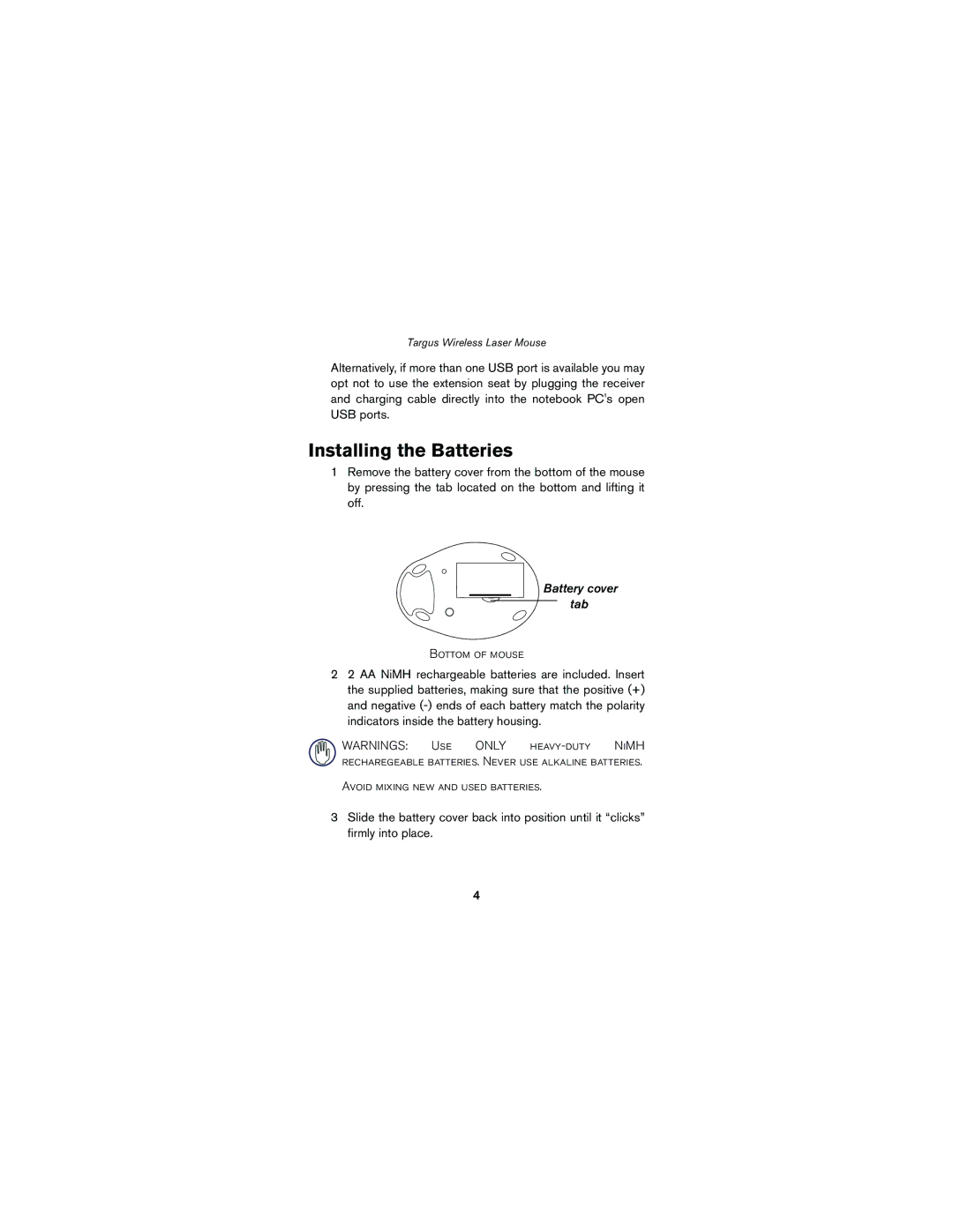 Targus Wireless Laser Mouse specifications Installing the Batteries, Battery cover tab 