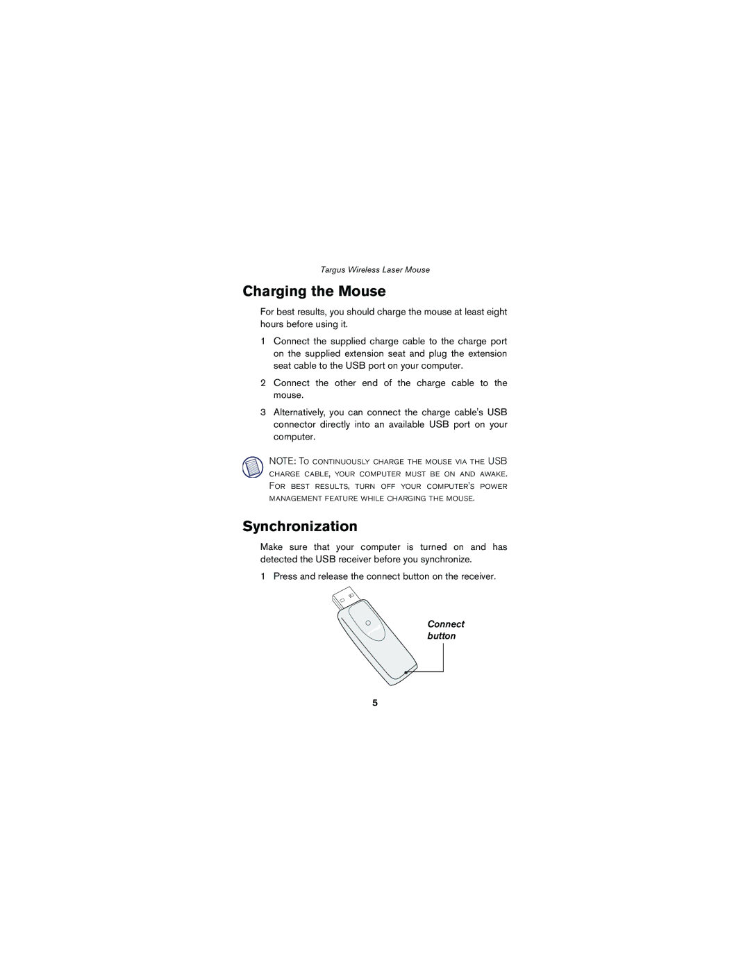 Targus Wireless Laser Mouse specifications Charging the Mouse, Connect button 