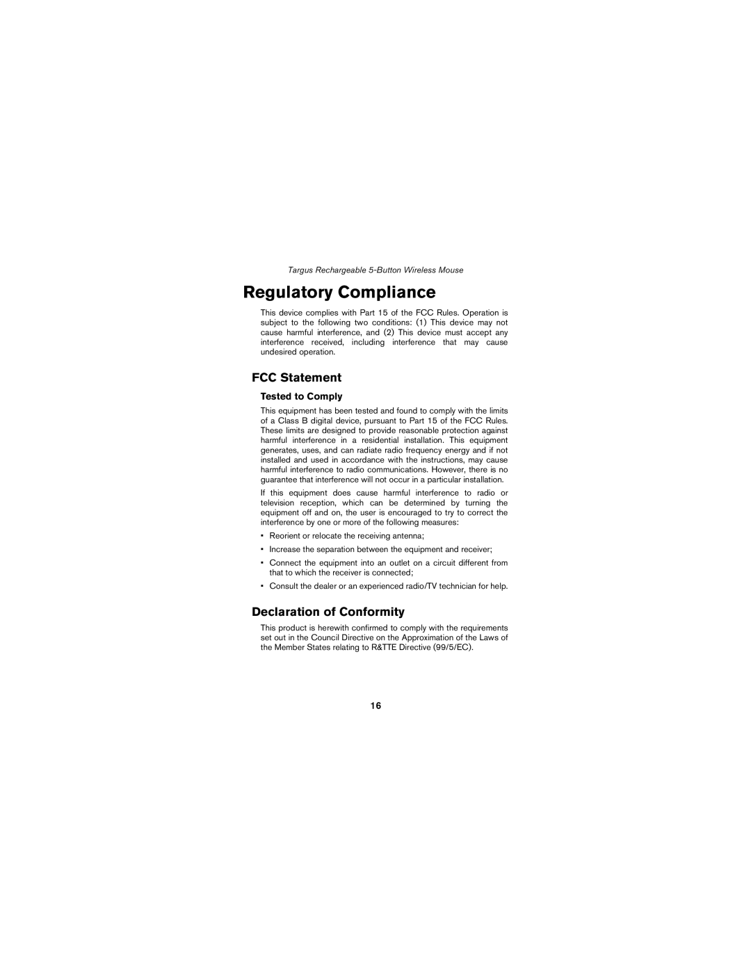 Targus wireless mouse specifications Regulatory Compliance, FCC Statement, Declaration of Conformity, Tested to Comply 