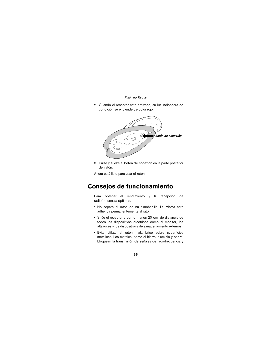 Targus wireless mouse specifications Consejos de funcionamiento, Botón de conexión 