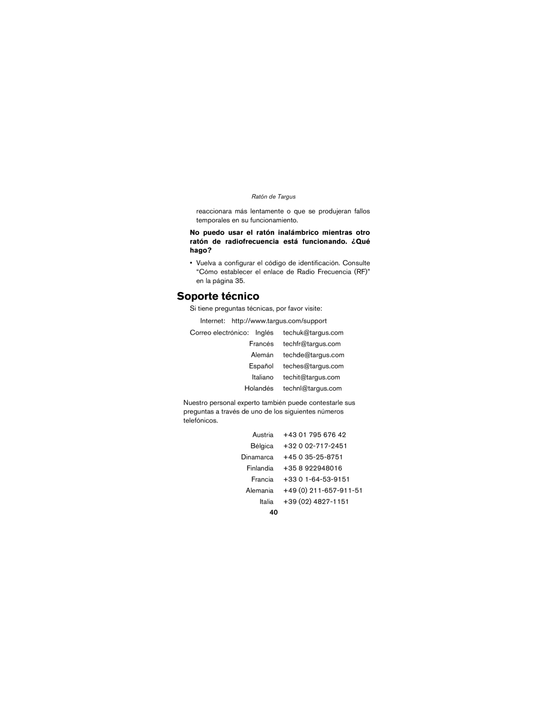 Targus wireless mouse specifications Soporte técnico 