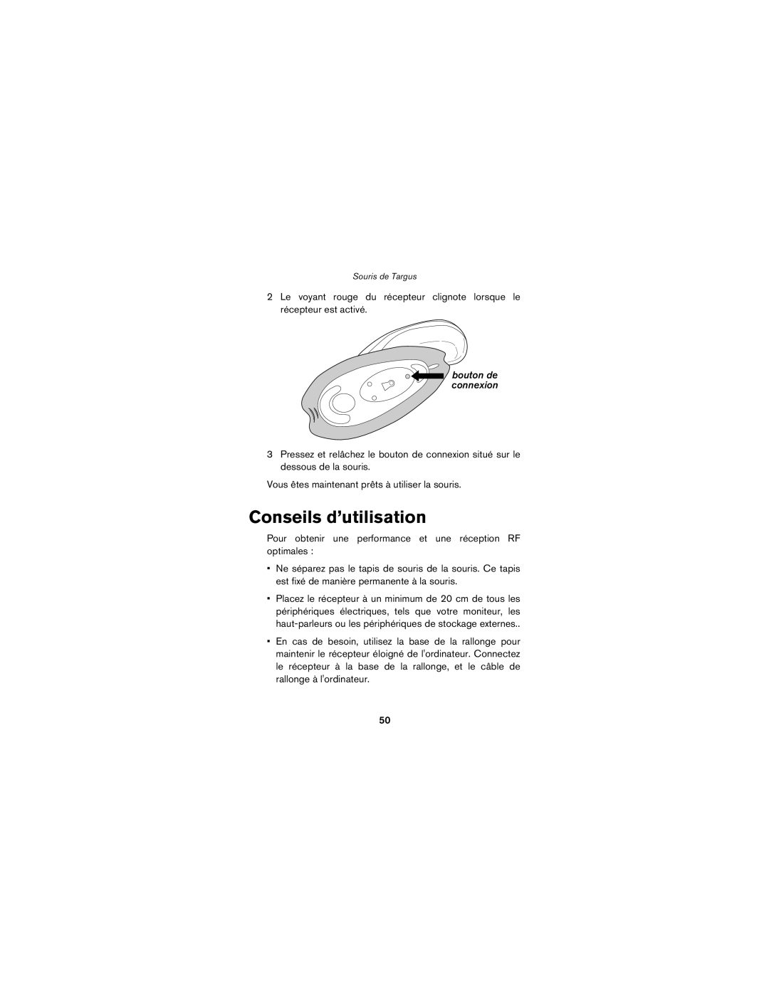 Targus wireless mouse specifications Conseils d’utilisation, Bouton de connexion 