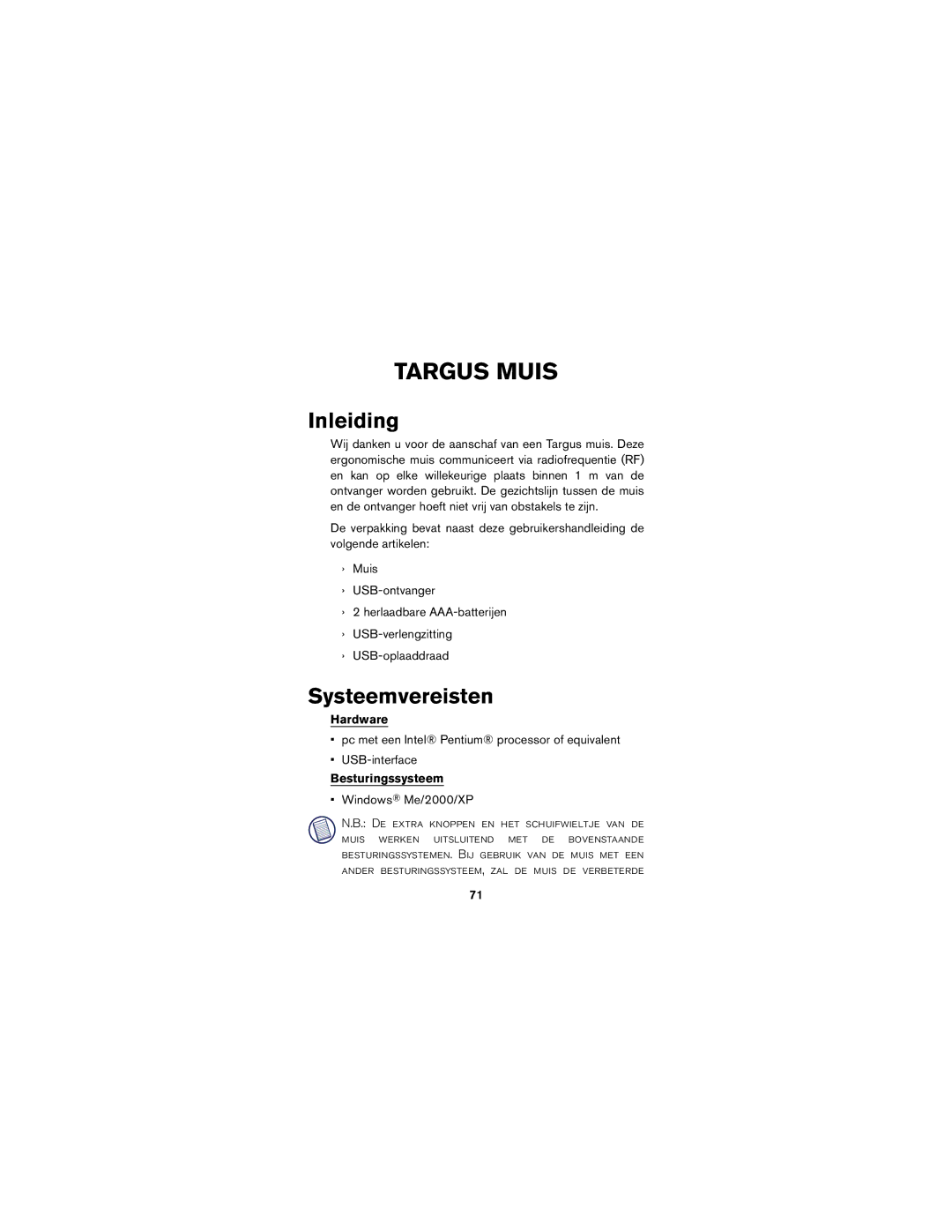 Targus wireless mouse specifications Inleiding, Systeemvereisten, Besturingssysteem 