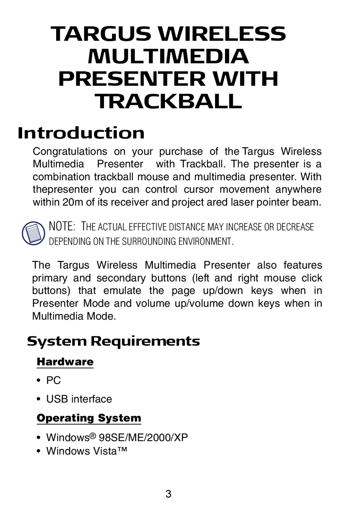 Targus Wireless Multimedia Presenter with Trackball manual Introduction, System Requirements 