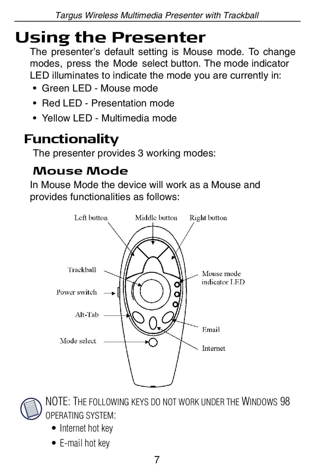 Targus Wireless Multimedia Presenter with Trackball manual Using the Presenter, Functionality, Mouse Mode 