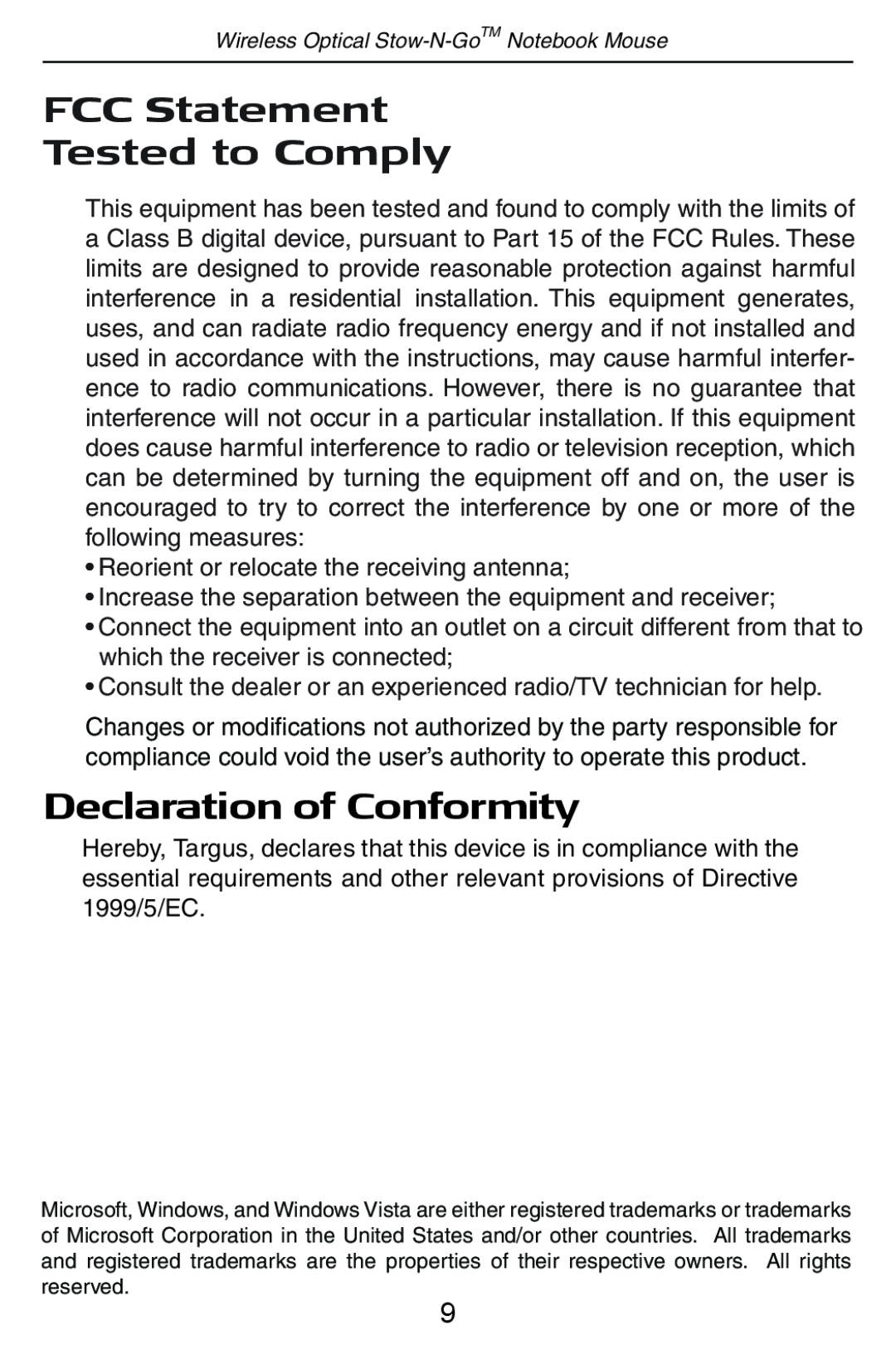 Targus Wireless Optical Stow-N-GoTM Notebook Mouse 30 FCC Statement Tested to Comply, Declaration of Conformity 