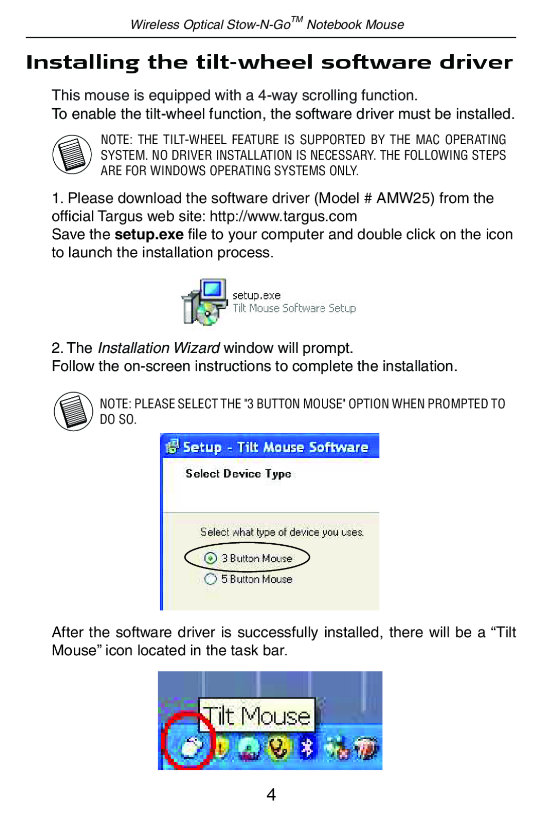 Targus Wireless Optical Stow-N-GoTM Notebook Mouse 30 specifications Installing the tilt-wheel software driver 
