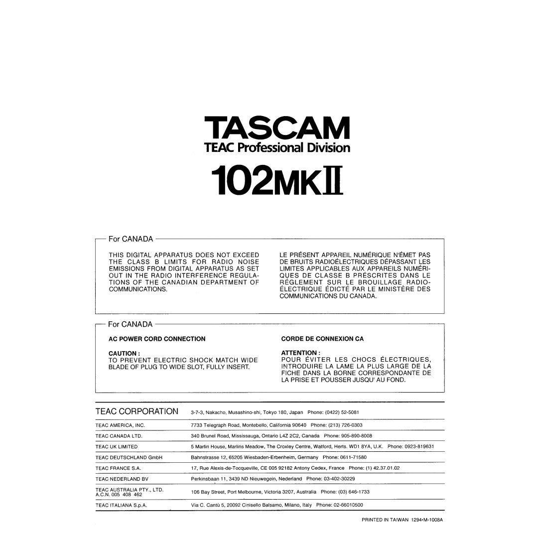 Tascam 102MKII manual 