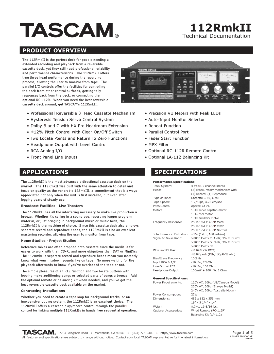 Tascam 112RmkII specifications Product Overview, Applications, Specifications 