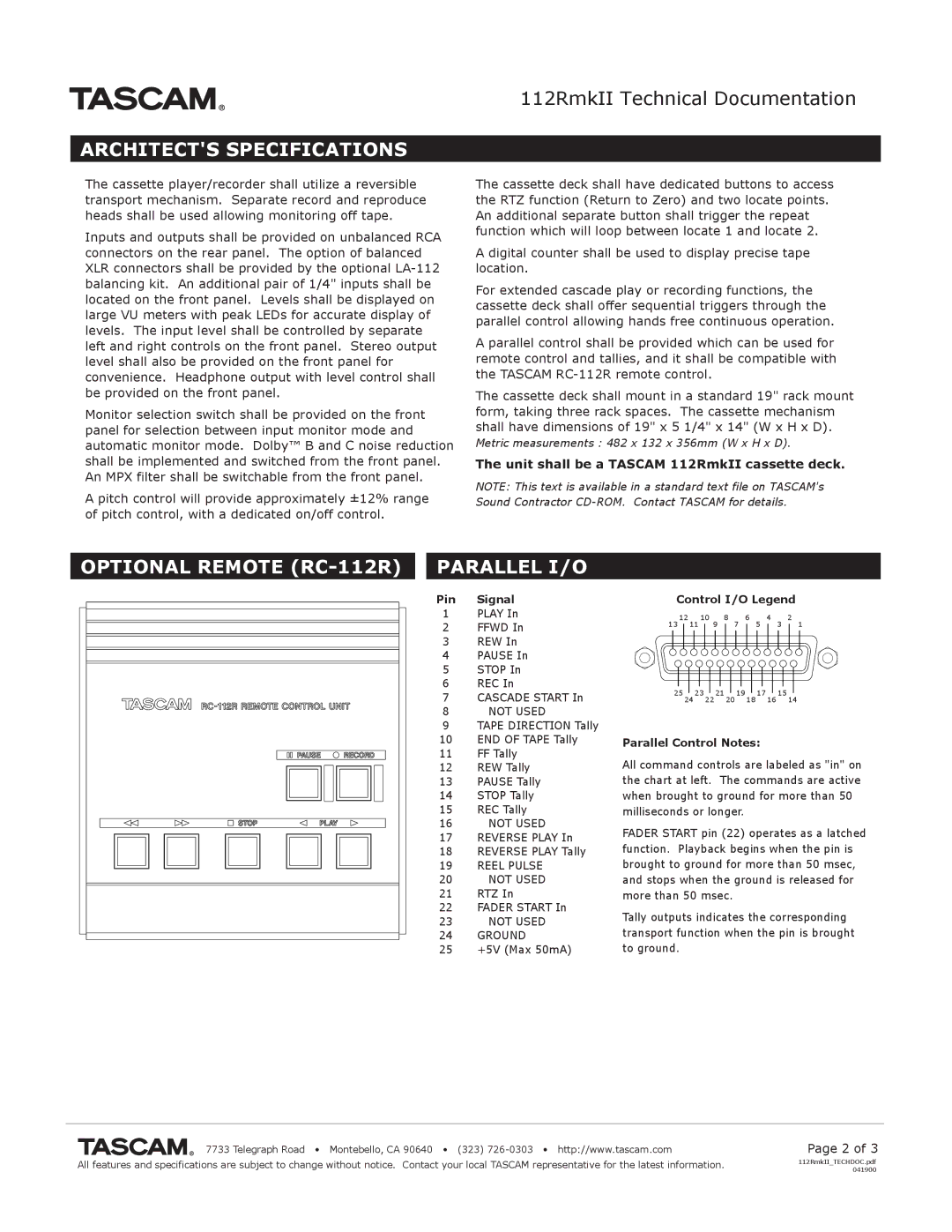 Tascam 112RmkII specifications Architects Specifications, Optional Remote RC-112R Parallel I/O, Pin Signal 