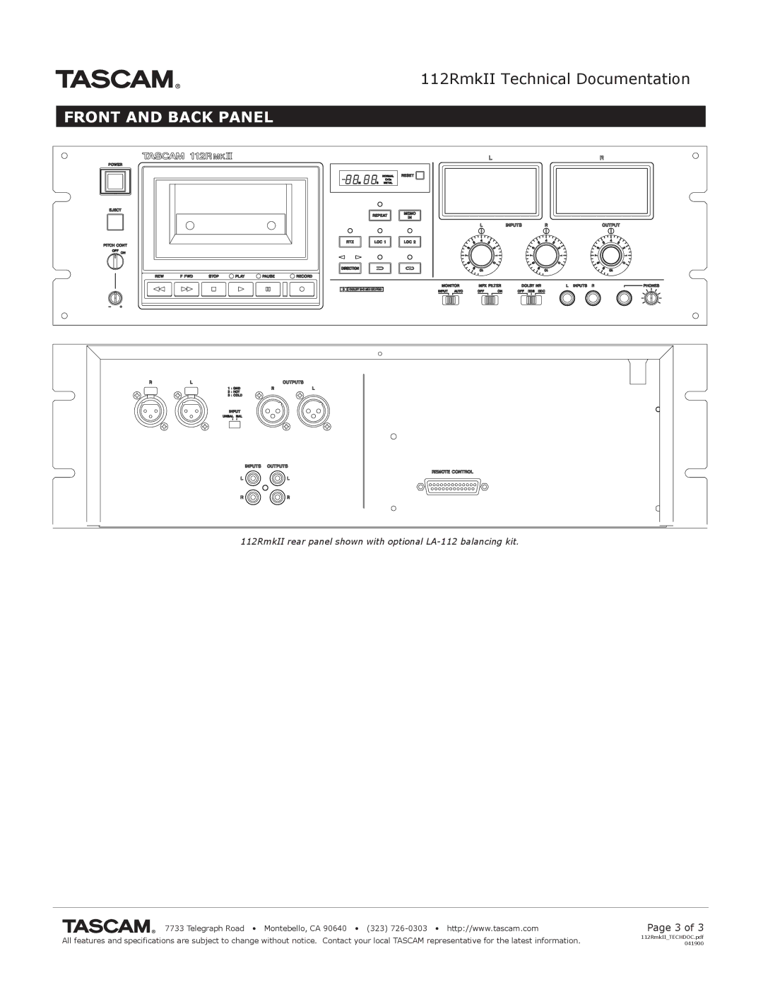 Tascam 112RmkII specifications Front and Back Panel 