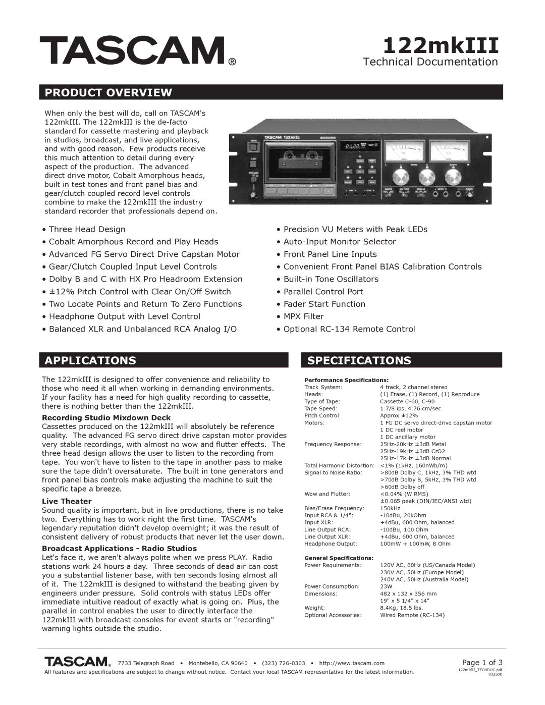 Tascam 122MKIII specifications Product Overview, Applications, Specifications 