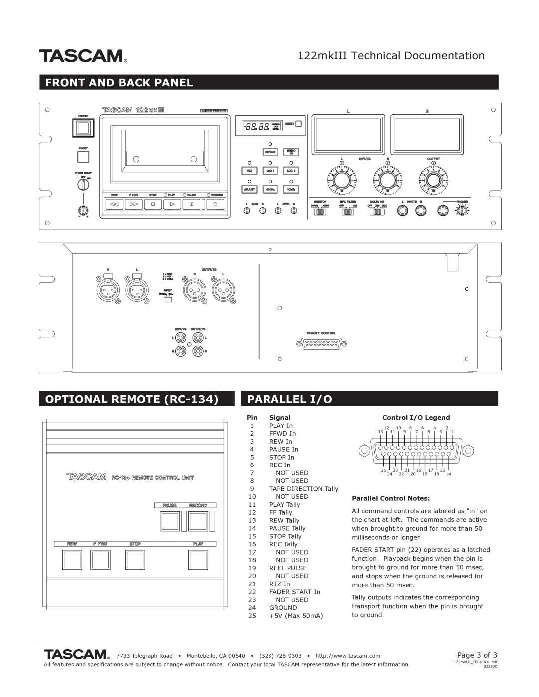 Tascam 122MKIII specifications Front and Back Panel Optional Remote RC-134 Parallel I/O, Pin Signal 