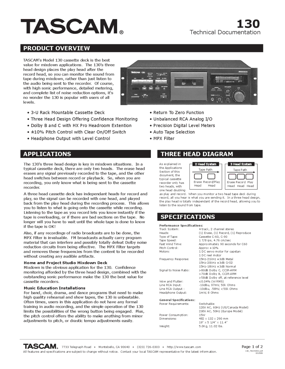 Tascam 130 specifications Product Overview, Applications, Three Head Diagram, Specifications 