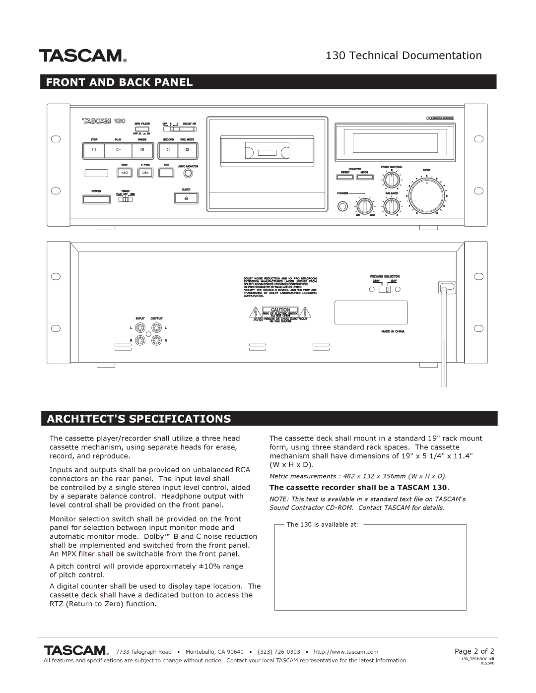 Tascam 130 specifications Front and Back Panel Architects Specifications, Cassette recorder shall be a Tascam 