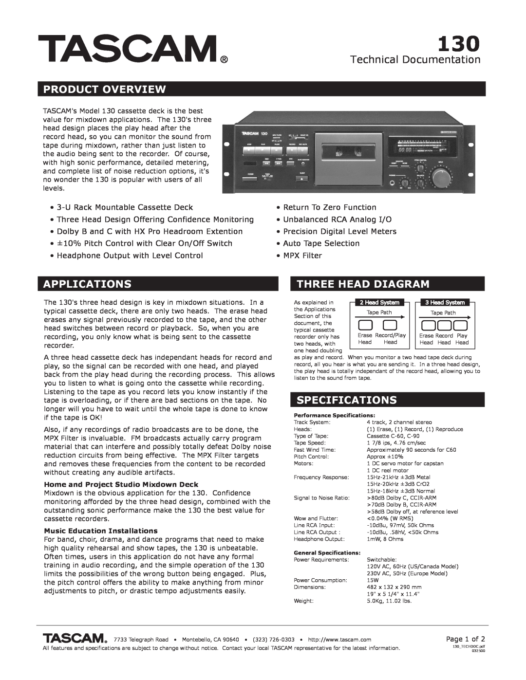 Tascam 130 specifications Technical Documentation, Product Overview, Applications, Three Head Diagram, Specifications 