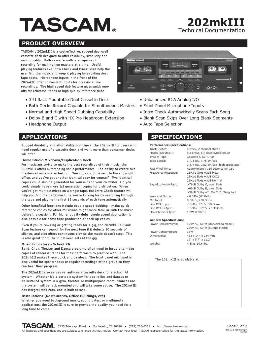 Tascam 202mkIII specifications Product Overview, Applications Specifications, Home Studio Mixdown/Duplication Deck 