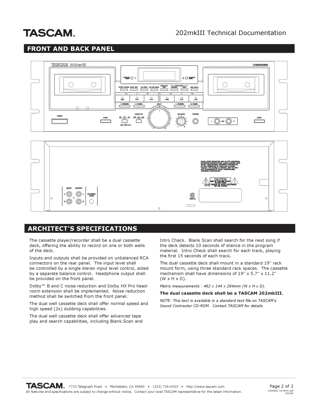 Tascam specifications Front and Back Panel Architects Specifications, Dual cassette deck shall be a Tascam 202mkIII 