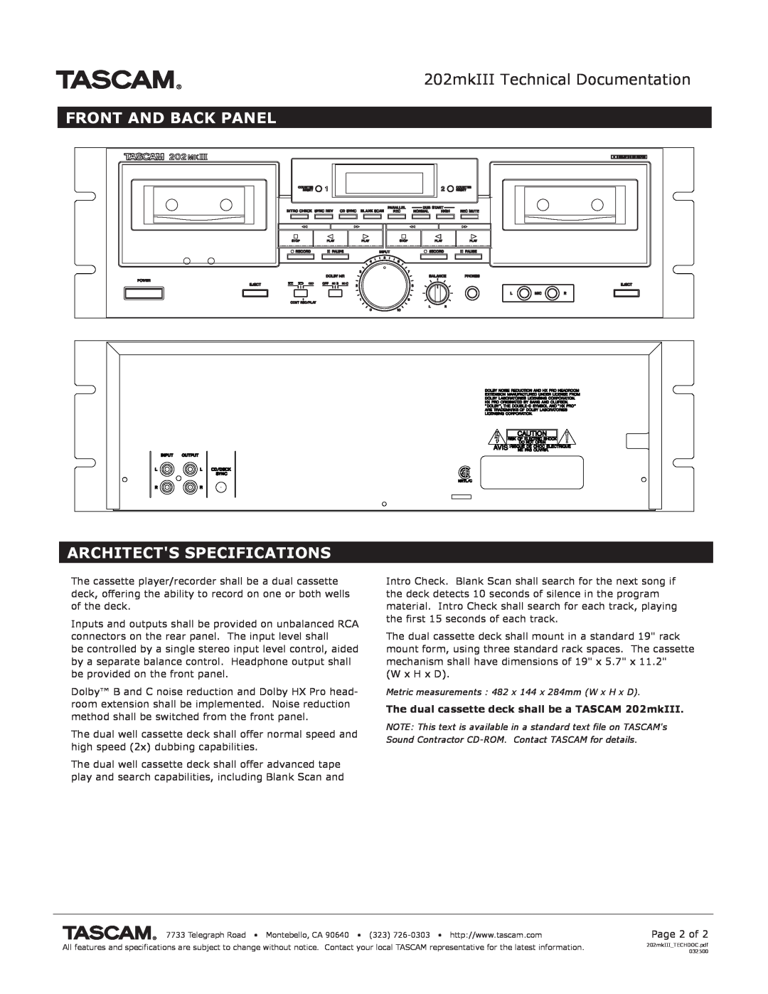 Tascam specifications 202mkIII Technical Documentation, Front And Back Panel Architects Specifications 