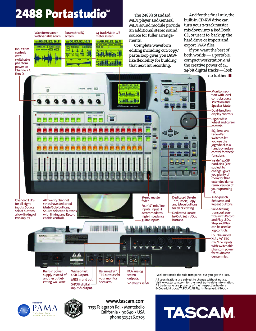 Tascam 2488 manual Waveform screen Parametric EQ, Allow linking, Two inputs Enable controls Stereo master fader, Analog 