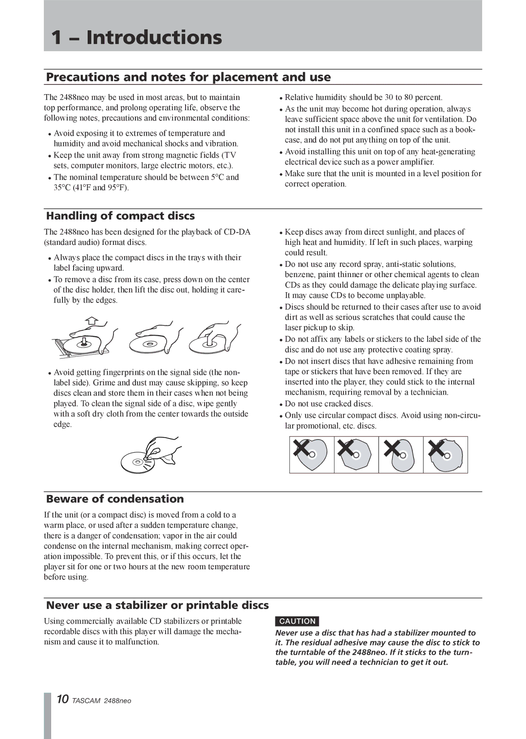 Tascam 2488neo owner manual Precautions and notes for placement and use, Handling of compact discs, Beware of condensation 