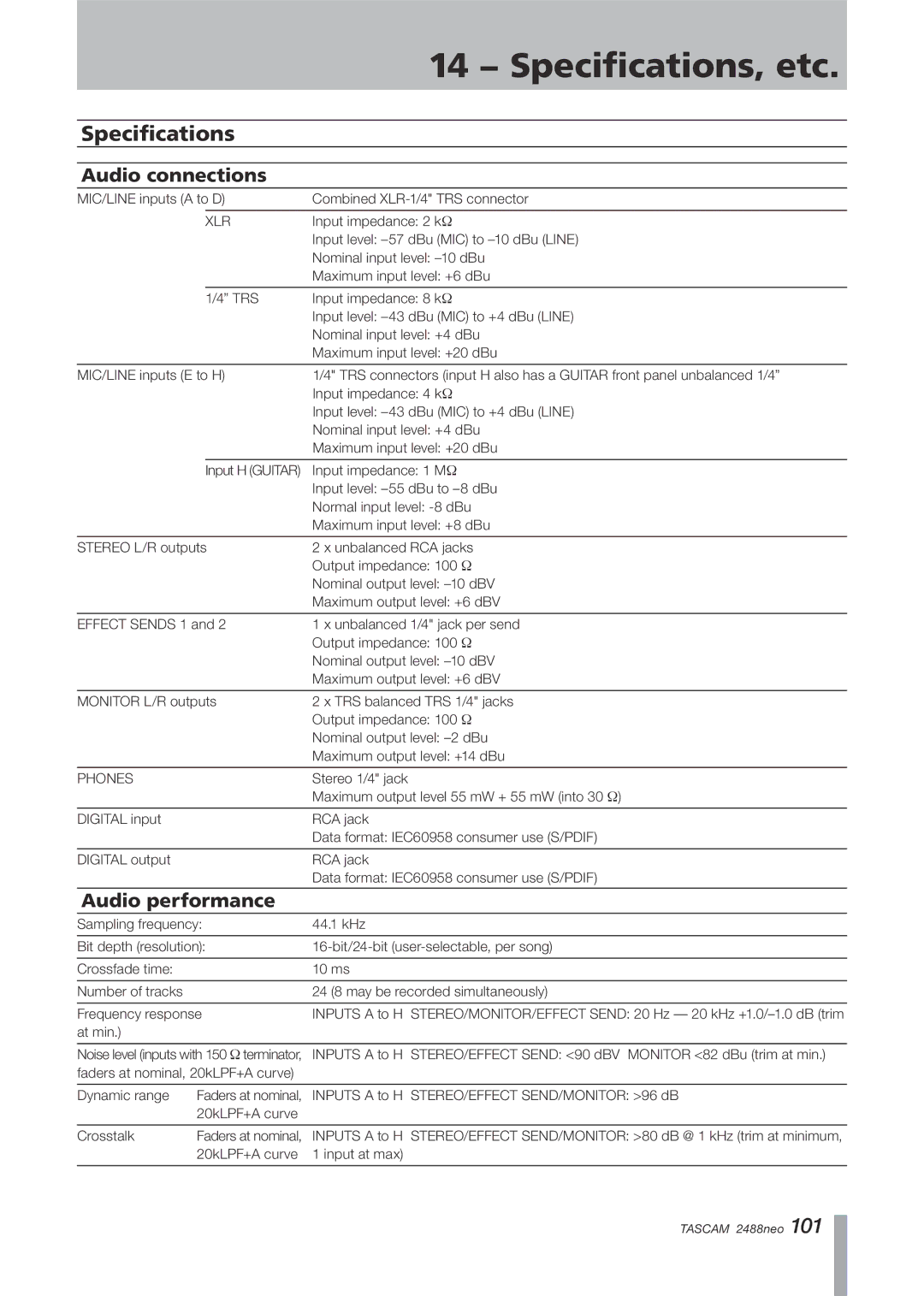 Tascam 2488neo owner manual Specifications, Audio connections, Audio performance 