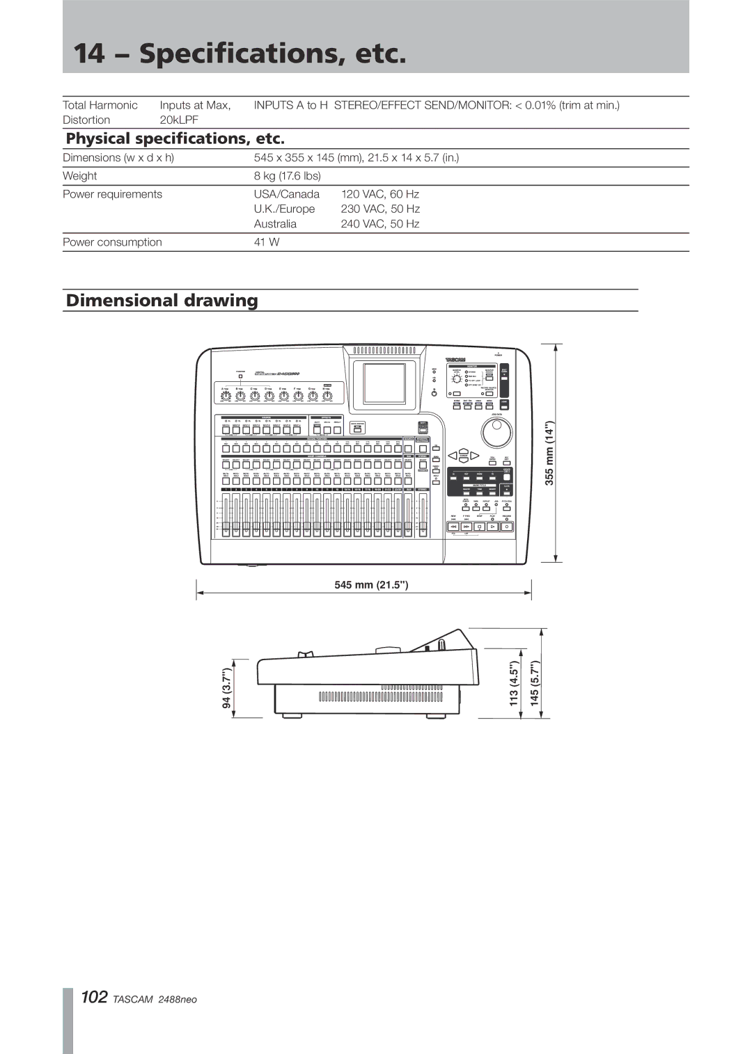 Tascam 2488neo owner manual Dimensional drawing, Physical specifications, etc 