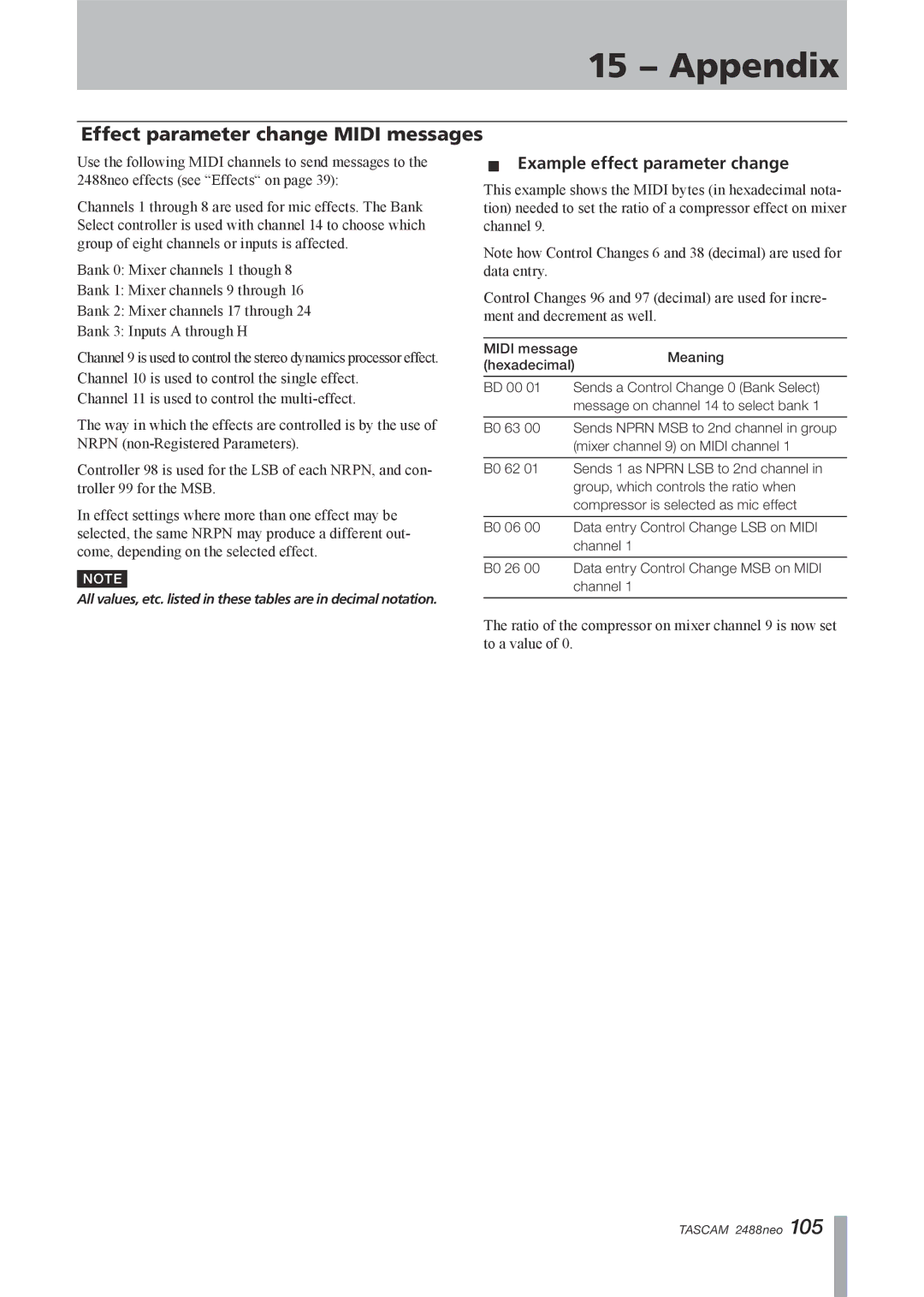 Tascam 2488neo owner manual Effect parameter change Midi messages, ªª Example effect parameter change 