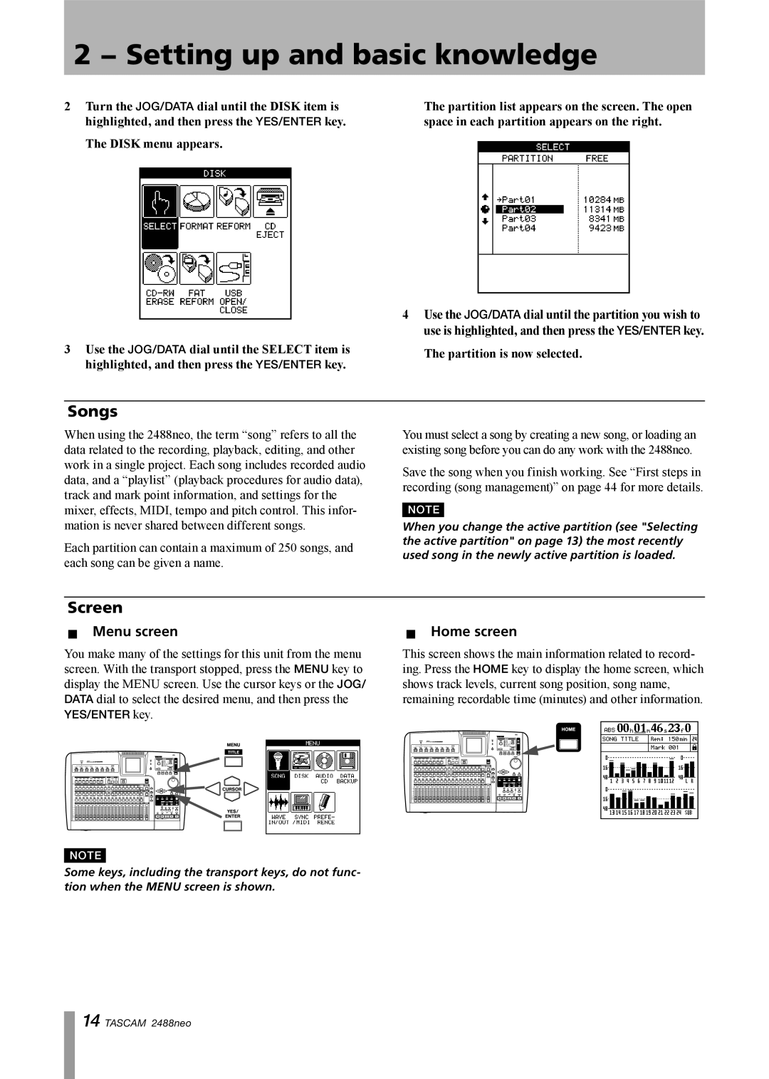 Tascam 2488neo owner manual Songs, Screen, ªª Menu screen, ªª Home screen 