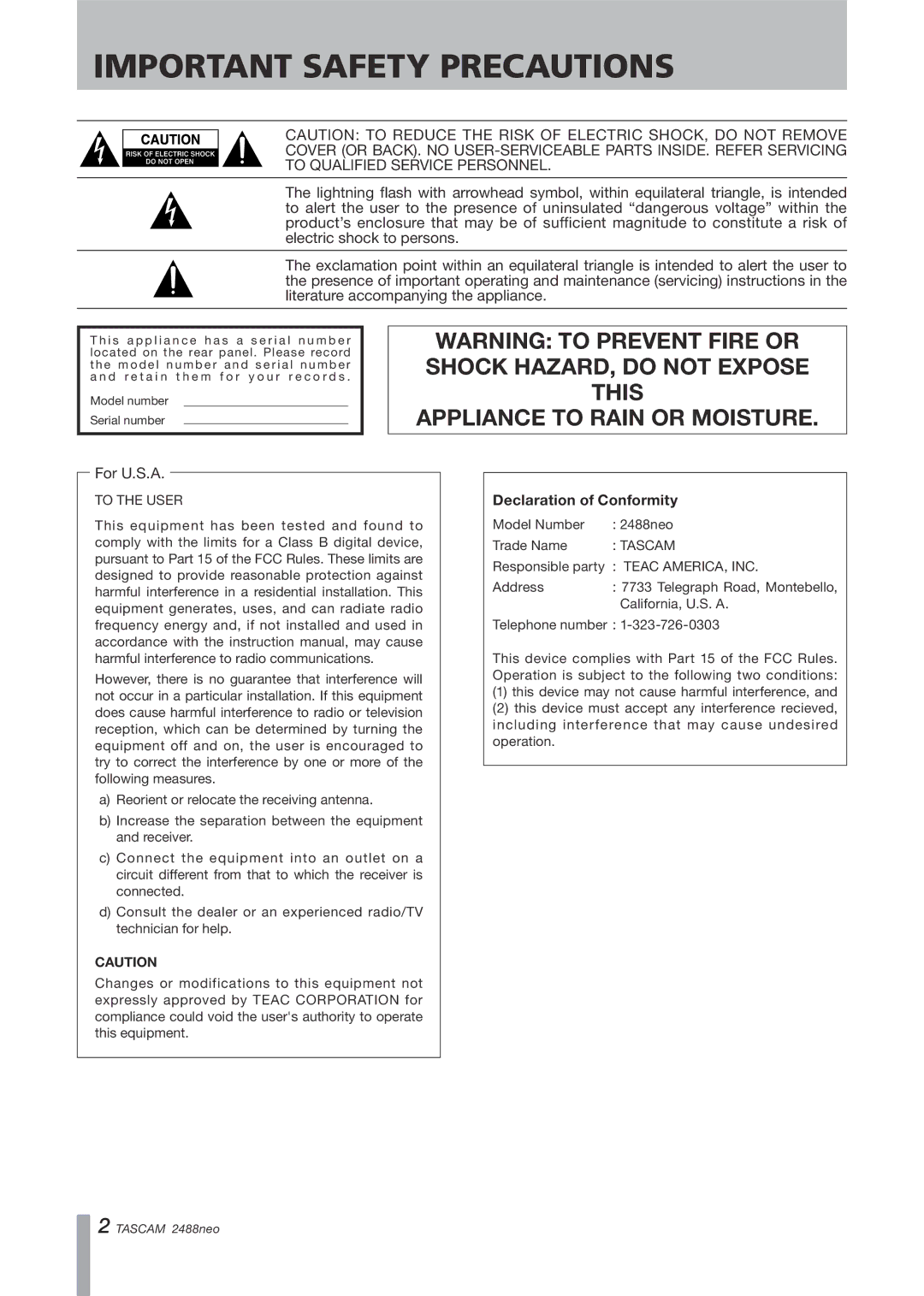 Tascam 2488neo owner manual Important Safety Precautions, Declaration of Conformity 