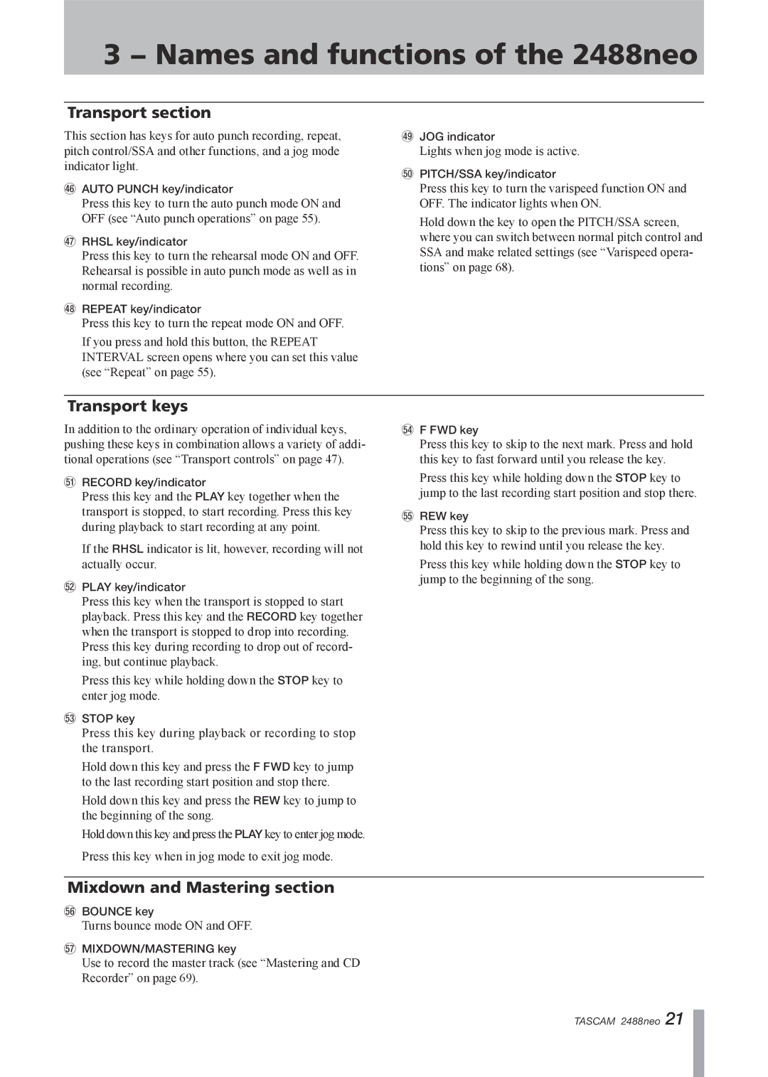 Tascam 2488neo owner manual Transport section, Transport keys, Mixdown and Mastering section 