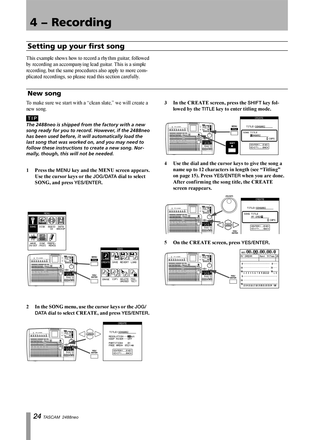 Tascam 2488neo owner manual Recording, Setting up your first song, New song 