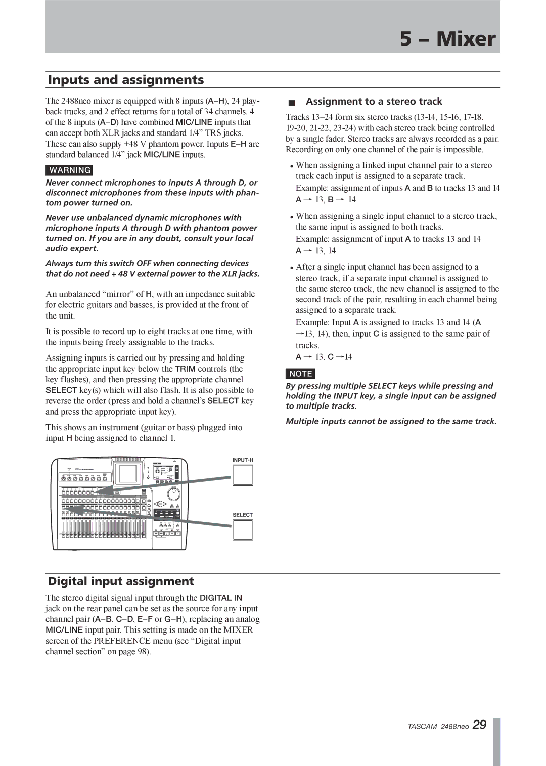 Tascam 2488neo owner manual Mixer, Inputs and assignments, Digital input assignment, ªª Assignment to a stereo track 