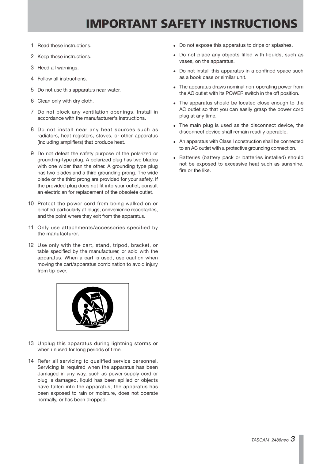 Tascam 2488neo owner manual Important Safety Instructions 