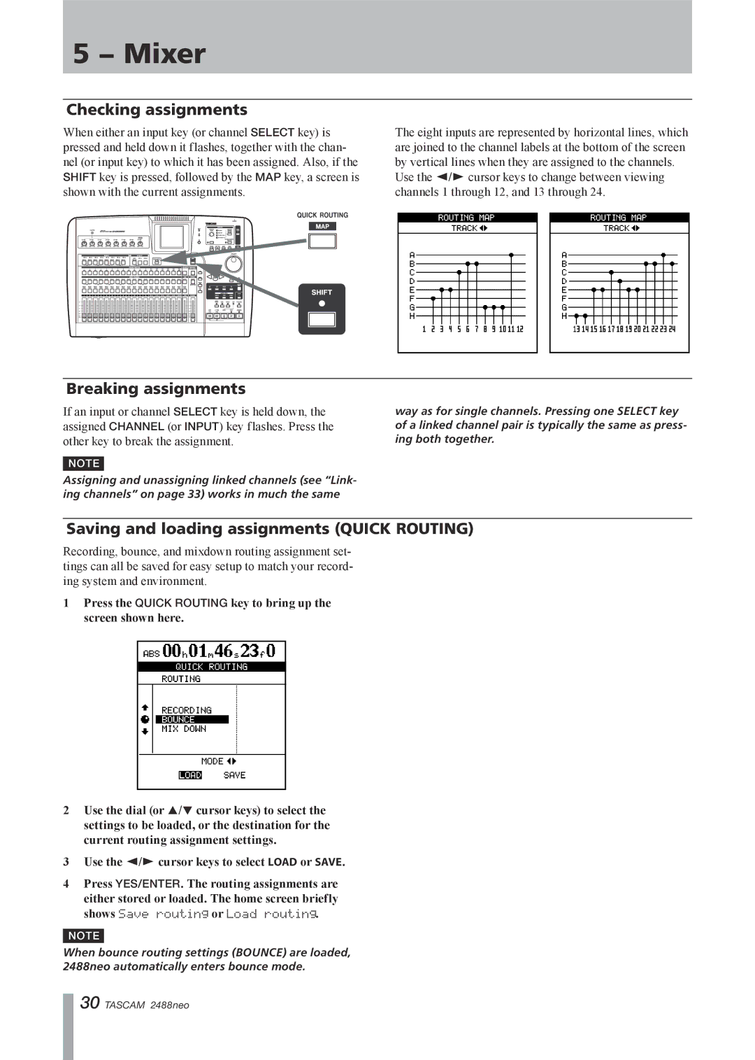 Tascam 2488neo owner manual Checking assignments, Breaking assignments, Saving and loading assignments Quick Routing 